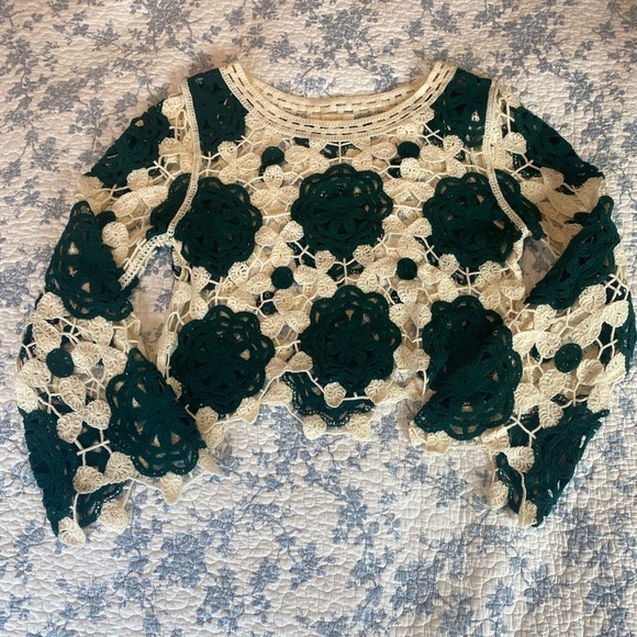 Rebellion Again Bohemian Green and Cream Acrylic Crocheted Crop Hippie Sweater - Picture 1 of 10